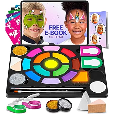  Create A Face - Professional Face Painting Kit for Kids Party  with 8 Non-Toxic Colors, 2 Brushes, 2 Applicators, 36 Stencils, 2 Body  Glitter Pods - Kid Safe, Easy to Use