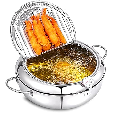 Deep Fryer Pot, Tempura Frying Pan, Stove Top, Stainless Steel, Flat  Bottom, w/Lid & Temperature Control Thermometer, Japanese Style Cookware,  Mini Frier