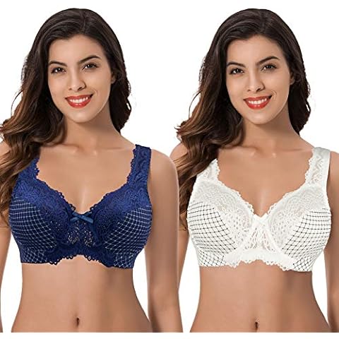 Curve Muse Women's Lightly Padded Underwire Lace Bra with Padded Shoulder  Straps-2PK-BLACK IRIS,CREAM-46B 