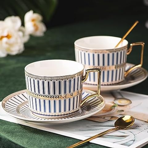 6.7 oz. Cups and Saucers Sets with Spoons Royal Golden Patterned Gold  3-Pieces Set Coffee Cup Teacups Porcelain Mugs
