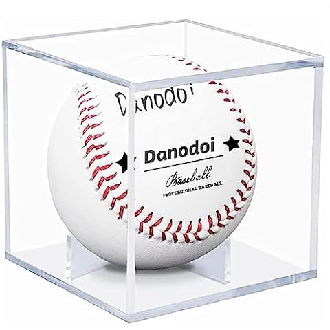 DECOMIL - UV Single Baseball Display Case, Holder - UV Protection Acrylic Cube with Wooden Stand Cherry Finish Customize