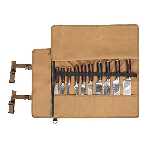Professional Chef's Knife Bag with Anti Cutting Fabric Inside, Heavy Duty  16oz Waxed Canvas, 10 Slots & 1 Large Zipper Pocket
