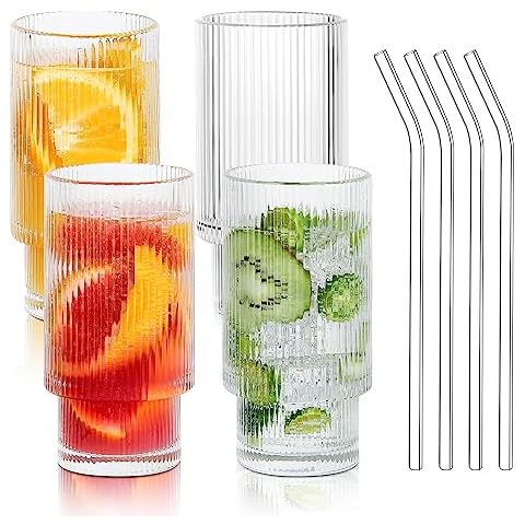 Ribbed Glass Cups With Bamboo Lids And Glass Straws Set Of 4, Fluted  Vintage Ripple Clear Glassware, Origami Style Drinking Glasses For Juice,  Beer, I