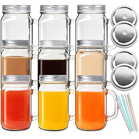 Paksh Novelty Travel Glass Drinking Bottle Mason Jar 16 Ounce [6-Pack]  Plastic Airtight Lids, Reusable Glass Water Bottle for Juicing