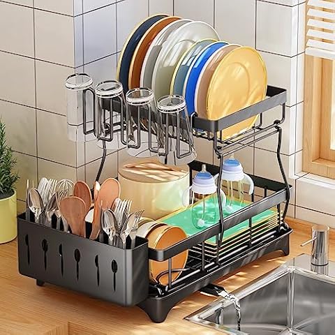 Dish Drying Rack, Rustproof Aluminium Dish Racks for Kitchen Counter,  Expandable(14.9-22.2) Kitchen Sink Large Dish Drying Rack with  Drainboard