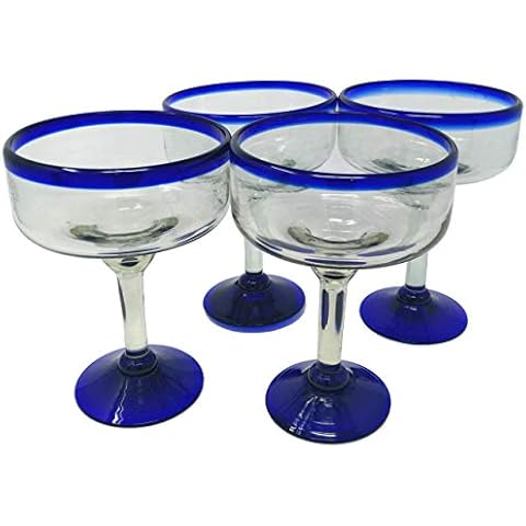 Okuna Outpost Set of 6 Blue Rim Mexican Glassware, 14 oz Cobalt Hand Blown  Drinking Glasses