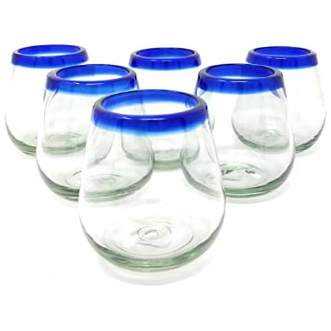 Dos Suenos Hand Blown Mexican Drinking Glasses - Set of 6 Confetti Carmen Design Glasses (14 oz Each)