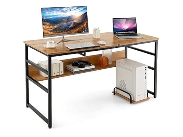 Stand Up Desk Store 48 Crank Adjustable Height Split Level Drafting Table Ergonomic Desk with Monitor Shelf (White/Birch)