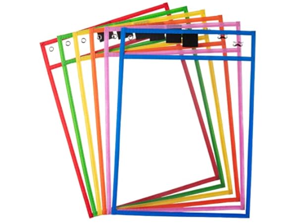 SUNEE 30 Packs Oversized Reusable Dry Erase Pocket Sleeves with 2 Rings, 10  Assorted Colors 10x14 Ticket Holders, Clear Plastic Sheet Protectors