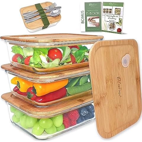 Glass Food Storage Containers with Lids (Bamboo) Set of 5. Bonus 6 Silicone  Stretch Lids. BPA Free, Plastic Free & Eco Friendly Food Storage. Glass  Meal Prep Containers for Lunch and Leftovers.