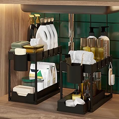 2 Pack Adjustable Height under Sink Organizers and Storage, 2 Tier Slide  Out She