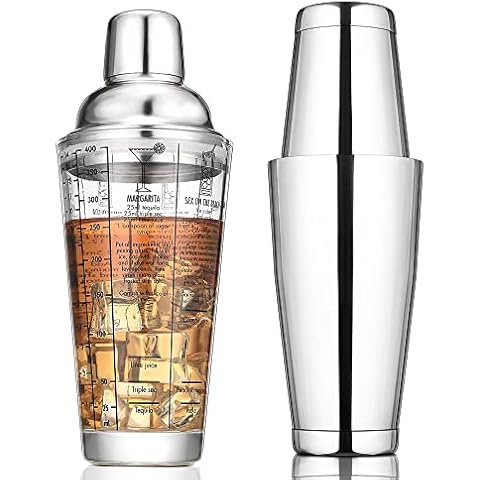 Etens Glass Cocktail Shaker, Martini Shaker 14oz with Recipes on Side |  Clear Bar Shaker with Measurements | Built in Strainer with Seal | Crystal