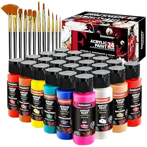 HissiCo pastel acrylic paint set with 12 brushes, 24 pastel colors (59ml,  2oz) art craft paint