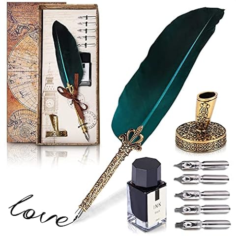 Hethrone Feather Pen and Ink Set - Quill Pens Calligraphy Pen Set Fountain Dip Pen