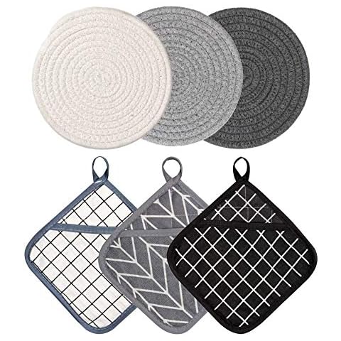 6Pcs Black Cotton Pot Holders Heat Resistant Baking Loop Hot Pads Washable  Hanging Oven Mitts for Cooking Kitchen Tools Supplies