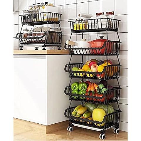  Kitchen Storage Basket Rack with Wheels 5 Tier Stackable  Pantry Vegetable Baskets Foldable Utility Storage Cart No Assembly  Organizer Cart for Market ,Garage