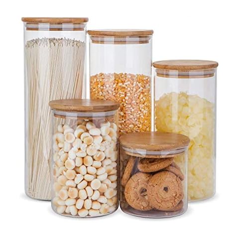 ComSaf Airtight Glass Storage Canister with Wood Lid (50oz), Clear Food Storage Container Jar with Sealing Bamboo Lid for Noodles Flour Cereal Rice