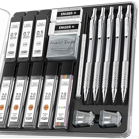 Four Candies 3pcs 2mm Mechanical Pencils with Case, Artist Lead Pencil Metal Lead Holder with 120 Graphite Lead Refills(HB 2H 2B 4b Color), 4