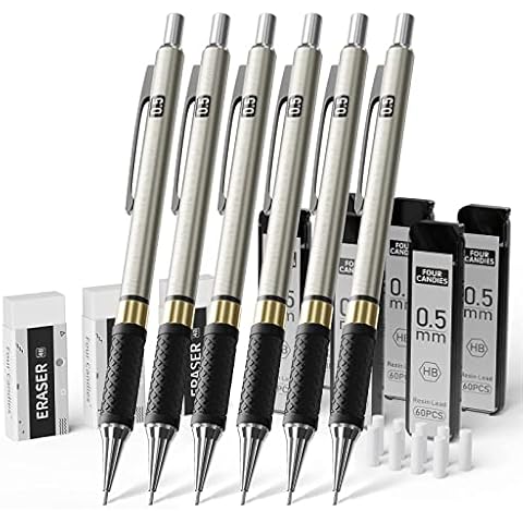 Four Candies 3pcs 2mm Mechanical Pencils with Case, Artist Lead Pencil Metal Lead Holder with 120 Graphite Lead Refills(HB 2H 2B 4b Color), 4