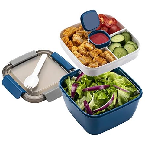 Bokzen Fresh Salad Lunch Container with Built-In Ice Pack, Salad Bowl and 4  Compartments Tray + Dressing Container for Salad