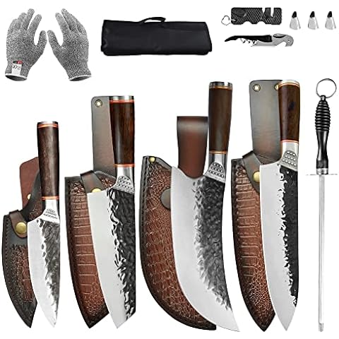 FULLHI 17pcs Butcher Knife Set include sheath High Carbon Steel Cleaver  Kitchen Chef Knife Set Whole Tang Vegetable Cleaver Home BBQ Camping with Knife  Bag 