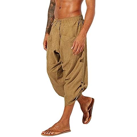 Gafeng Mens Linen Yoga Pants Elastic Waist Drawstring Summer Beach