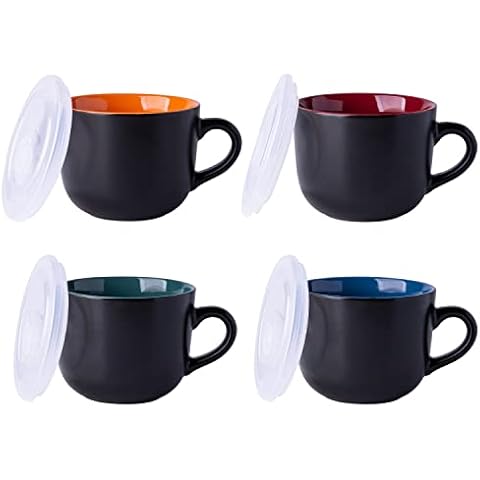 Home-X Microwave Soup Mugs with Lid- Set of 4, Microwave Soup Bowls with Handle and Vented Lid, BPA Free Dishwasher Safe, 34oz Capacity, Set of 4, 7