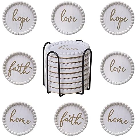 GENMOUS Rustic Cookbook Stand with Beaded Coasters for Farmhouse Kitchen  Counter, Recipe Book Holder Stand for Cookbooks or iPad Stands, White Wood