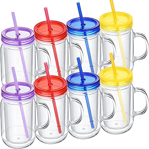 Zephyr Canyon Plastic Mason Jars with Handles, Lids and Straws