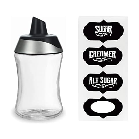 J&M Design Sugar Dispenser & Shaker for Coffee , Cereal , Tea & Baking with Pouring Spout and Lid for Easy Spoon Measuring Pour - 7.5oz Glass Jar