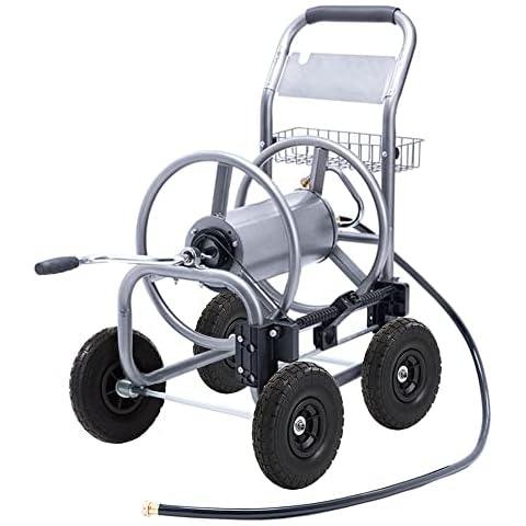 Dkeli Hose Reel Cart Garden Hose Carts with Wheels Heavy Duty Portable Water Hose Cart 4 Wheels Outdoor Yard Lawn Planting Truck with Storage Basket