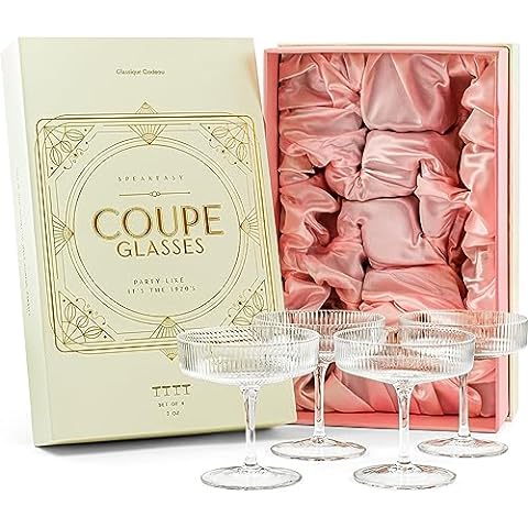  Vintage Art Deco Gin and Tonic Balloon Glasses, Set of 4, 13.5 oz Stemless Crystal Copas for Drinking Gin Cocktails, Retro Gift  Goblets for Gin Lovers