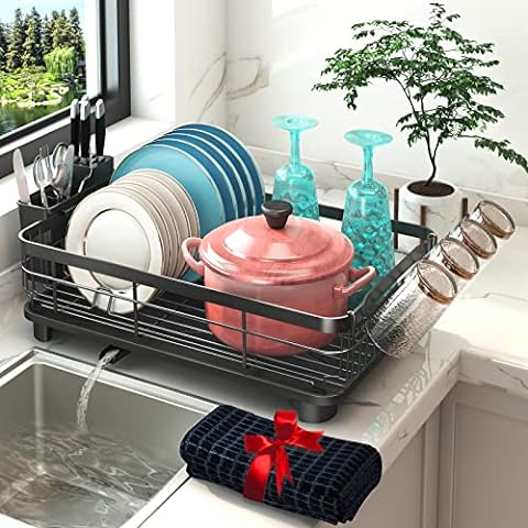 MAJALiS Kitchen Dish Drying Rack, Large Dish Drainers for Kitchen Counter,  Rust-Proof Dish Strainer Rack with Utensil Holder and Dryer Mat (Black 