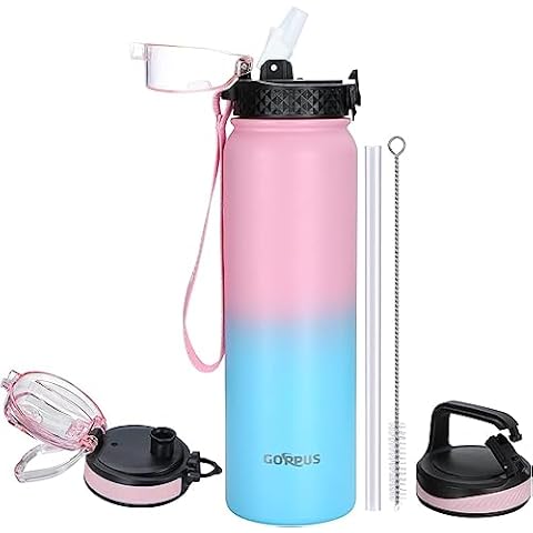 Pink Insulated Water Bottle - Includes 3 Lids (Straw Lid, Spout/Chug, Carabiner Handle), Leak Proof - 32 oz Water Bottles - by Onebottle