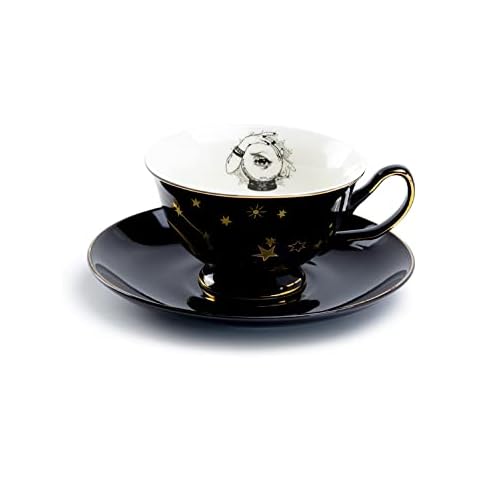 Grace Teaware Black Gold Scallop Teapot + 6 Assorted Halloween Tea Cup and Saucer Sets Hand Painted Gold Trim