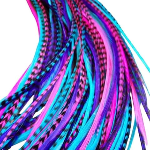 100% Genuine Feathers for Hair Extensions Turquoise, White Grizzly & Brown Long Thin Feathers for Hair Extension 7 Feathers