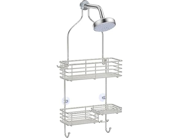 Gecko-Loc New Long Wide Adjustable Length Over The Showerhead Hanging Shower Caddy Organizer Shelf - Silver