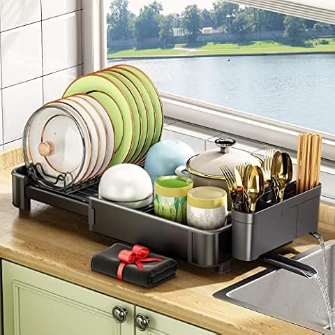 Dish Drying Rack, Rustproof Aluminium Dish Racks for Kitchen Counter,  Expandable(14.9-22.2) Kitchen Sink Large Dish Drying Rack with  Drainboard, Utensil Holder with Drain Spout (Dark Grey) 