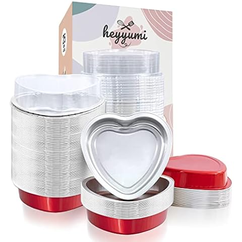 Heart Shaped Cake Pans Valentine Aluminum Mini Cake Pans with Lids for  Baking 3.4 Ounces Disposable Cupcake Cup Pan Baking Pans 