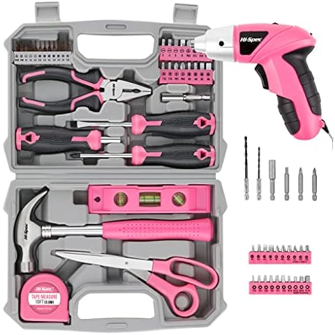 Hi-Spec 54pc Pink Home DIY Tool Kit Set for Women, Office & Garage.  Complete Ladies Basic House Tool Box Set
