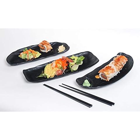 Happy Sales HSMSP-GLDBRU, Japanese Style 6 Piece Perfect Sushi Set for Two Melamine Sushi Plates Sauce Dish and Chopsticks Dinnerware Set, Gold Brush