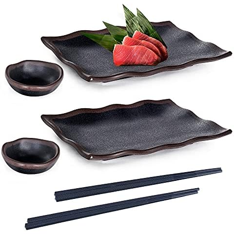 Happy Sales HSMSP-GLDBRU, Japanese Style 6 Piece Perfect Sushi Set for Two Melamine Sushi Plates Sauce Dish and Chopsticks Dinnerware Set, Gold Brush