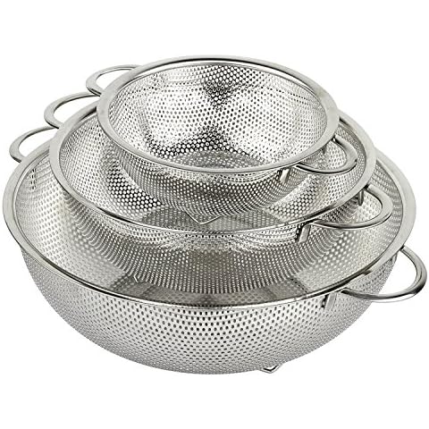 Ovente Stainless Steel Deep Colander 3 Piece Kitchen Strainer Set, Dishwasher Safe 1.5, 3, and 5 Quart Bowl Drainer with