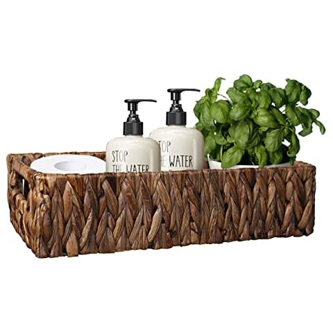 Bathroom Organizer, Larger Compartments Toilet Paper Basket for Tank Topper  - Over, Top, Back of Toilet Tank Tray Split Hand-woven Basket -  Rustic,Counter Vanity Organizer, Brown 