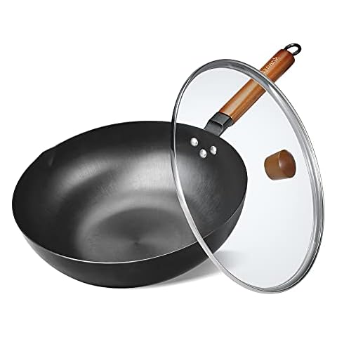  Homeries Pre-Seasoned Cast Iron Wok with 2 Handled and Wooden  Lid (14 Inches) Nonstick Iron Deep Frying Pan with Flat Base for Stir-Fry,  Grilling, Frying, Steaming - For Authentic Asian, Chinese