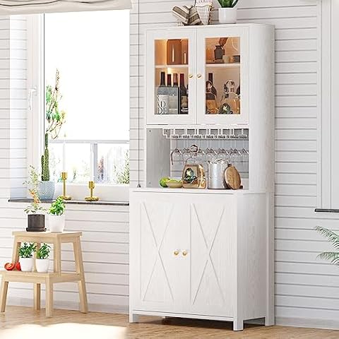 Yitahome  Corner Bar Cabinet With Wine Glasses Hanging Rack Farmhouse  Kitchen Pantry In White