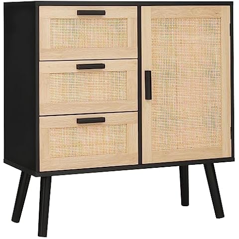 Yechen Set of 2 Sideboard Storage Cabinet with Handmade Natural Rattan  Doors, Buffet Cabinet with Storage, for Living Room, Dining Room, Entryway