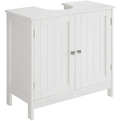 SSLine Under Sink Vanity Cabinet Free Standing Bathroom Sink Cabinet with Pedestal Hole White Bath Storage Cupboard w/Doors