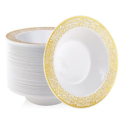 JOLLY PARTY 50PCS Plastic Bowls with Gold Rim-12oz disposable Soup