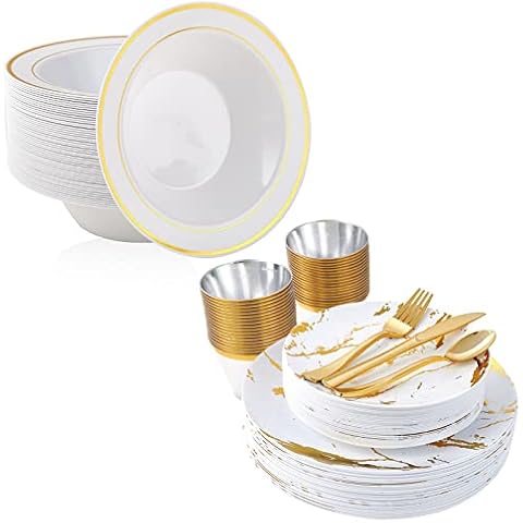JOLLY PARTY 50PCS Plastic Bowls with Gold Rim-12oz disposable Soup